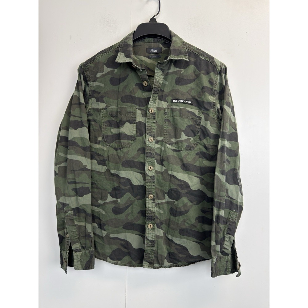 People Mens Size S Shirt Cotton Woven‎ Button Down Camouflage "Live Free Or Die"